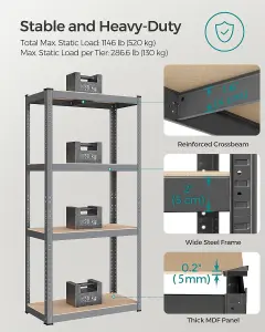 SONGMICS 4-Tier Storage Rack, Boltless Steel Shelving Unit, Shelf, for Garage and Shed, Grey