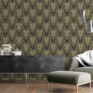 GDUK Art Deco Gatsby Calced Textured Wallpaper, Black