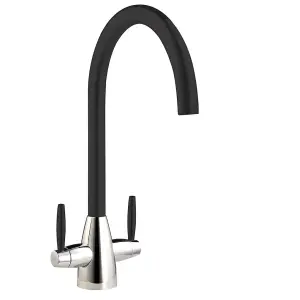 Liquida LC02BL Swan Neck Twin Lever Chrome and Black Kitchen Mixer Tap