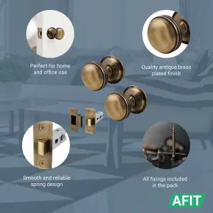 AFIT Lined Door Knob Set Antique Brass - 4 Pairs of Mortice Knobs (55mm) & Latch (76mm) for Internal Doors