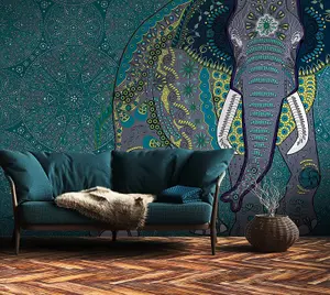 AS Creation Mandala Elephant Paisley Teal Wallpaper Feature Wall Mural 371x280cm