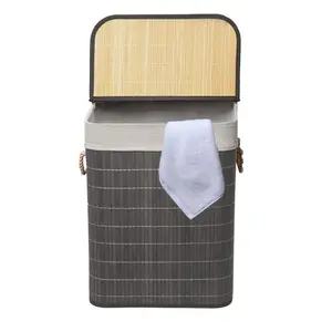 MantraRaj Bamboo Laundry Bin with Handles 65L Square Hamper Basket with Removable Liner (Grey)