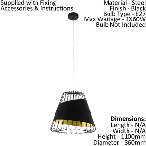 Hanging Ceiling Pendant Light Black & Gold 1 x 60W E27 Hallway Feature Lamp