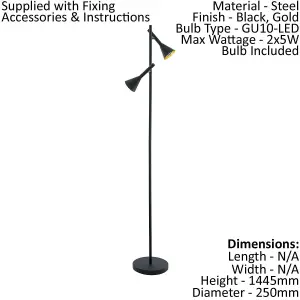 Floor Lamp Light Black Gold Leaf Shade Black & Gold Leaf Bulb GU10 2x5W Incl