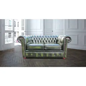 Chesterfield 2 Seater Antique Green Real Leather Sofa Settee In Classic Style