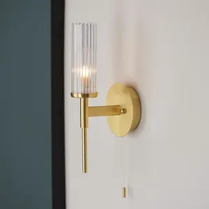 Luminosa Talo Bathroom Metal Wall Lamp, Satin Brass Plate, Ribbed Glass, IP44