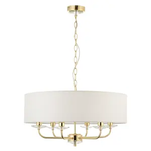 Anson Lighting Eureka 6lt Pendant light finished in Brass plate and vintage white fabric