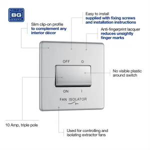 BG Electrical FBS15 Nexus Screwless Flat-Plate Fan Isolator Switch 3 Pole Brushed Steel 10A