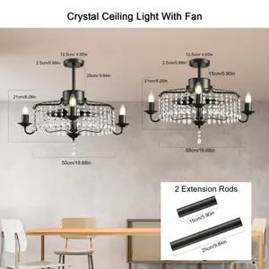 50cm Black Crystal Chandelier Ceiling Fan with Light Kit and Remote