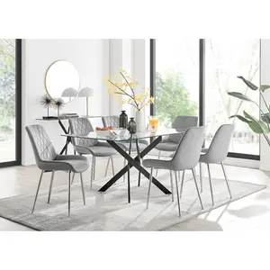 Lenworth Glass Rectangular Dining Table Set with 6 Luxury Velvet Chairs Black / Grey/Silver