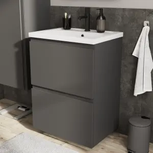 GoodHome Levanna Matt Grey Double Freestanding Bathroom Cabinet (H) 850mm (W) 600mm