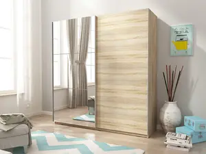 Mika 2 Contemporary Sliding 2 Door Wardrobe 1 Mirror 4 Shelves 1 Hanging Rail White Oak Effect (H)2140mm (W)1500mm (D)630mm