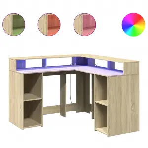 Berkfield Desk with LED Lights Sonoma Oak 130x130x91 cm Engineered Wood