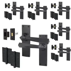 AFIT Black Iron Door Handle Latch Set - 6 Pairs of Black Antique Internal Handles, Hinges 76mm & Latches 64mm - Tudor Range