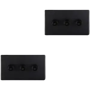 2 PACK 3 Gang Triple Retro Toggle Light Switch SCREWLESS MATT BLACK 10A 2 Way