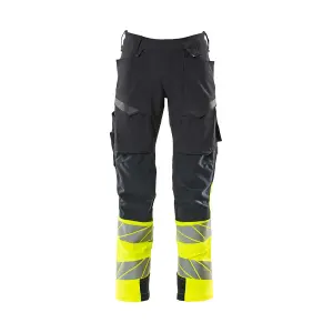 Mascot Accelerate Safe Trousers with Kneepad Pockets - Dark Navy/Hi-Vis Yellow   (33.5) (Leg Length - Short)