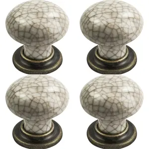 4 PACK - Porcelain Mushroom Cupboard Door Knob 36mm Dia - Antique Brass & Ivory Glaze