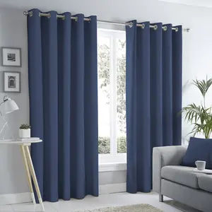 Cotton Blend Room Darkening Grommet / Eyelet Curtain Pair (Set of 2) Blue / Width 168 x Drop 137 cm