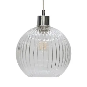 First Choice Lighting Set of 2 Betchley Clear Ribbed Glass Globe with Chrome Pendant Fittings