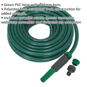 15m Green PVC Water Hose - Spray Jet Nozzle - Female Waterstop Tap Connectors