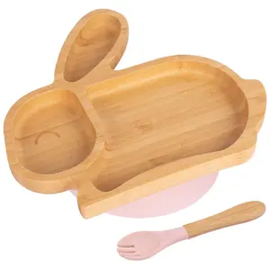 Bamboo Rabbit Baby Weaning Plate & Fork Set - Pastel Pink