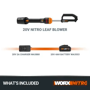 WORX Nitro 20V Cordless Leaf Blower, 1pc 4.0AH Battery, Charger Included, 2-Speed Control, Brushless Motor 2.0, WG543E