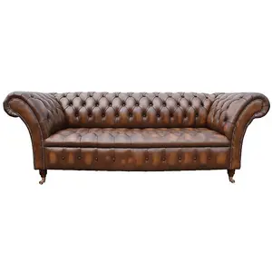 Chesterfield 3 Seater Antique Tan Leather Button Seat Sofa Settee In Balmoral Style