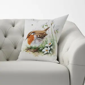 Robin And Daisies Watercolour Cushions 60cm x 60cm