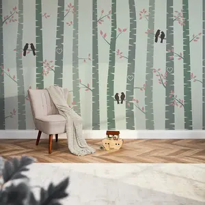 Lovebirds Mural In Sage Green (350cm x 240cm)