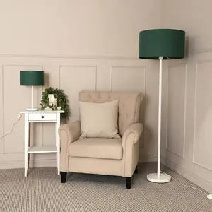 ValueLights Charles White Single Stem Floor Lamp with Forest Green Drum Lamp Shade and LED Bulb