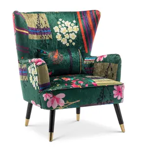 Fabric Green Patchwork Victoria Accent Wingback Chair with Footstool