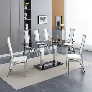 Furniture In Fashion Jet Large Black Glass Dining Table With 6 Chicago White Chairs