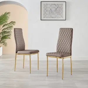 Set of 6 Milan Cappuccino Beige High Back Soft Touch Diamond Pattern Faux Leather Golden Chrome Metal Leg Dining Chairs