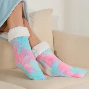 Teddy Fleece Womens Bed Socks Fluffy 2 Pairs Sherpa Non Slip Sole, Tie Dye