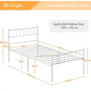 Yaheetech White 3ft Single Metal Bed Frame with Slatted Headboard and Footboard