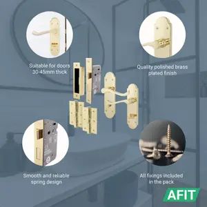 AFIT Polished Brass Bathroom Door Handle Set - Victoria Scroll Shaped - 1 Pair of Internal Door Handles, Hinges 76mm & Lock 64mm