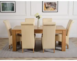 Dakota 182 x 92 cm Chunky Oak Large Dining Table and 6 Chairs Dining Set with Montana Ivory Leather Chairs