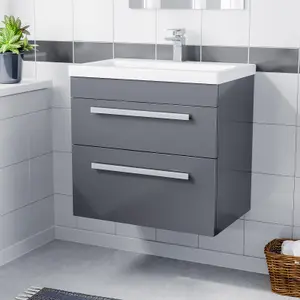 Nes Home Nanuya 600mm Steel Grey Wall Hung 2 Drawer Vanity Cabinet & Basin