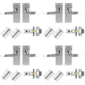 4 PACK - Victorian Straight Door Handle & Latch Pack Set- Polished Chrome Lever on Plate Kit