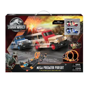 Jurassic World Electric Race Car Track Set 841006JW Mega Predator Pursuit - 5.9M Track 2 Player Car Slot Race Set Kids Toys