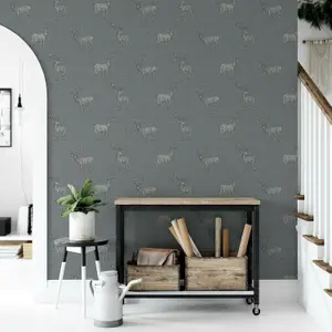 Arthouse Heritage Stag Grey Silver Metallic Textured Wallpaper 909608