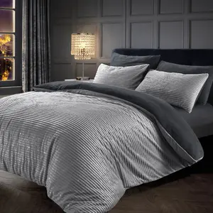 Velosso Glitter Corduroy Teddy Warm And Cosy Duvet Cover And Pillowcase Set - Silver