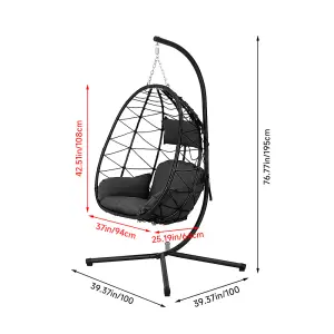 Black Foldable Single Egg Chair Hanging Basket with Metal Bracket and Seat Cushion