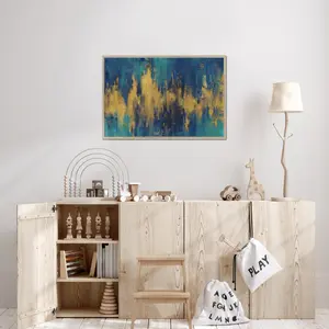 Blue And Gold Abstract Crop by Danhui Nai - Wrapped Canvas Painting Natural Wood Framed Paper Print / 65cm H x 95cm W x 2.3cm D