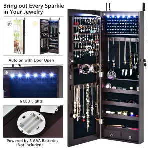 Costway Lockable LED Lights Jewelry Cabinet W/ Mirror Wall/Door Mounted Jewelry Armoire