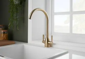 Deva Carlow Dual Lever Kitchen Sink Mixer Tap In Brushed Brass - Sleek & Durable Swan Neck Design - With Swivel Spout