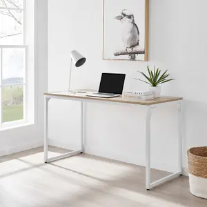 Furniturebox UK Kendrick Oak Effect Desk 140cm for Home Working Study Gaming Office Desk. Elegant White Leg Melamine Desk