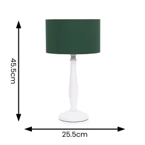 ValueLights Victoria Traditional White Wood Candlestick Table Lamp with Forest Green Drum Shade - LED Bulb Included