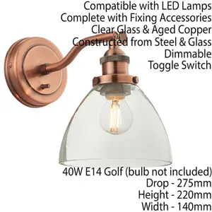 2 PACK Dimmable LED Wall Light Aged Copper & Glass Shade Adjustable Lamp Fitting