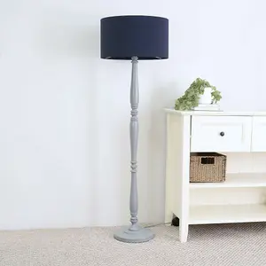 ValueLights Victoria Traditional Grey Wood Candlestick Floor Lamp with Navy Blue Drum Shade